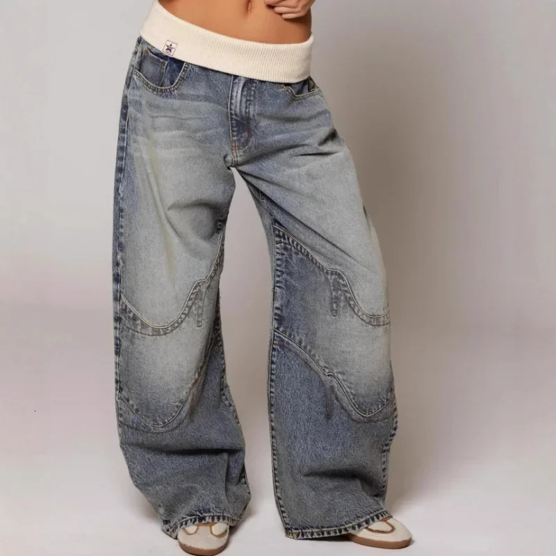 Hip Hop Splice Fashion Basics Retro Jeans for Womens Simple Dressing Up Daily Necessary Wide Leg Pants Baggy Cargo Pants 251013