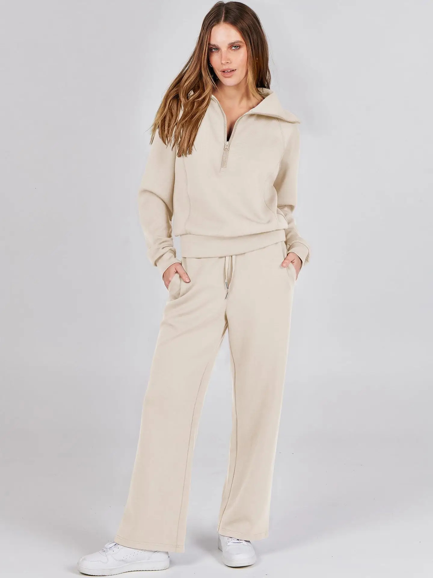 AutumnWinter Casual 2Piece Set Long Sleeve Sweatshirt Bell Bottoms Sports Suit Zippered Tracksuit Style 251011
