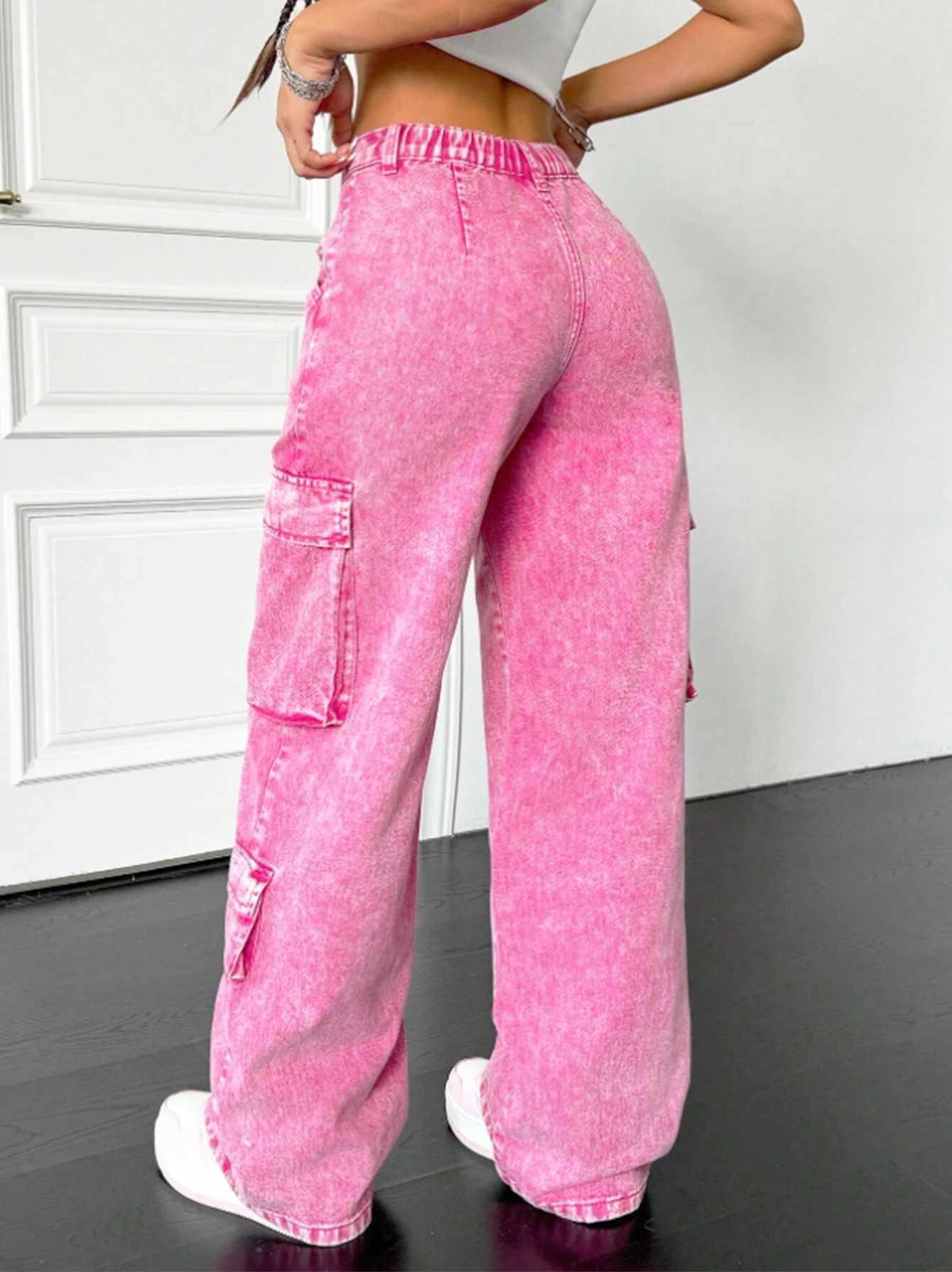 Pink cotton womens wideleg loosefitting jeans multipocket Y2K style pink fashionable jeansT251013