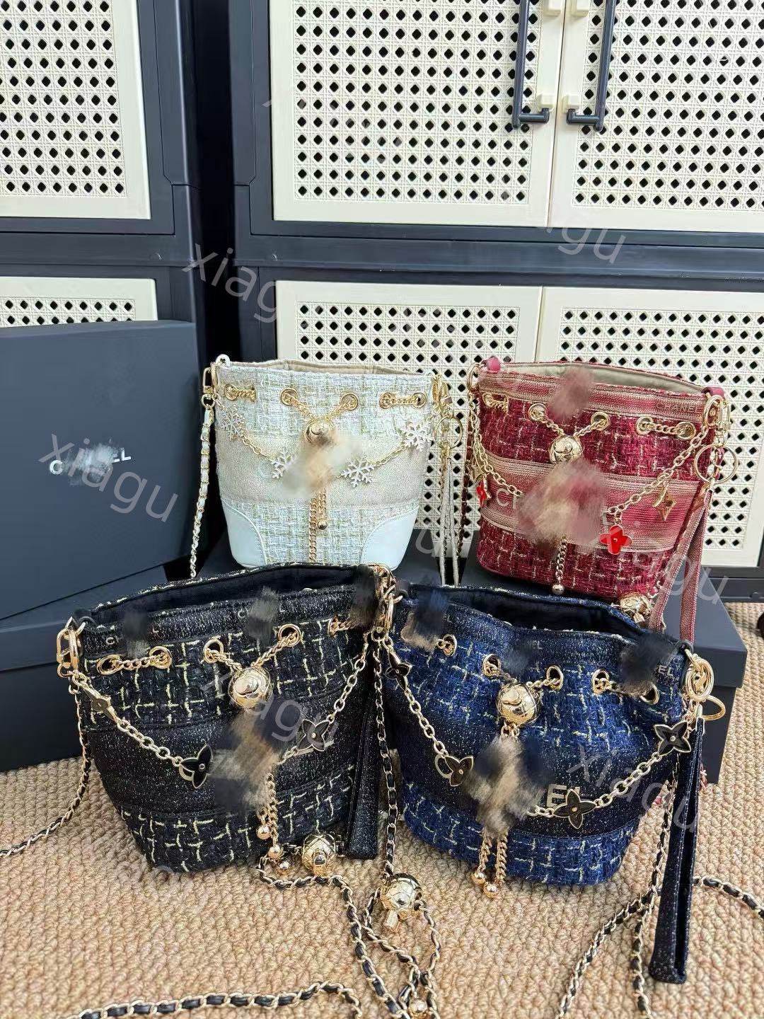 Limited Edition Christmas Velvet Bucket Bag - Convertible Blue & Gold Crossbody Bag with Gift Box