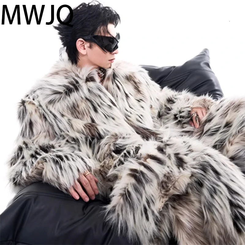 MWJQ Leopard Print Fur Clothing Male High Street Lapel Autumn Winter Short Loose Mens Fashion Coat 010073 251011