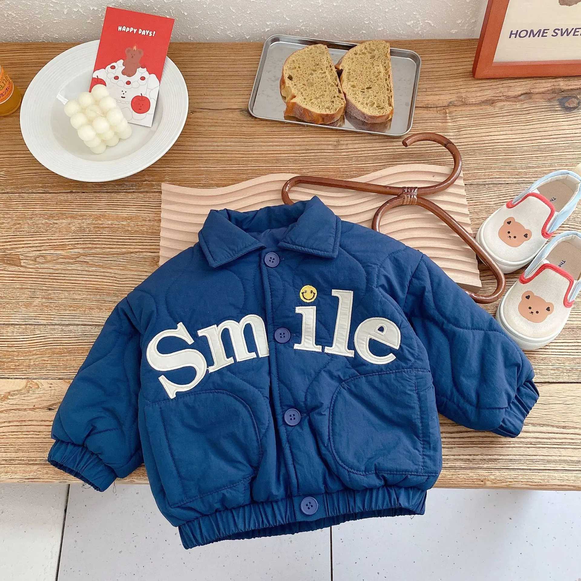 Winter Childrens Clothing Baby Boys Smile Jacket Coats Kids Cotton Clothes Toddler Girls Lapel Outerwear Embroidery Tops 06Yrs C251013