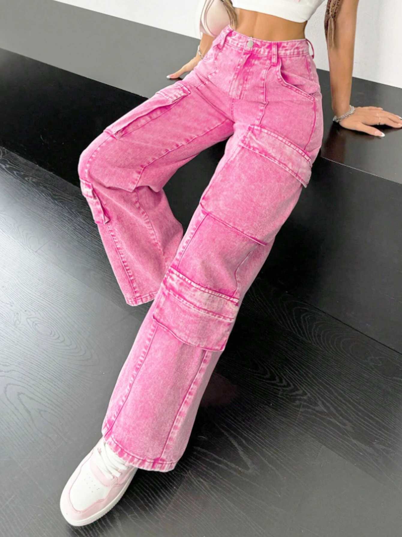 Pink cotton womens wideleg loosefitting jeans multipocket Y2K style pink fashionable jeansT251013
