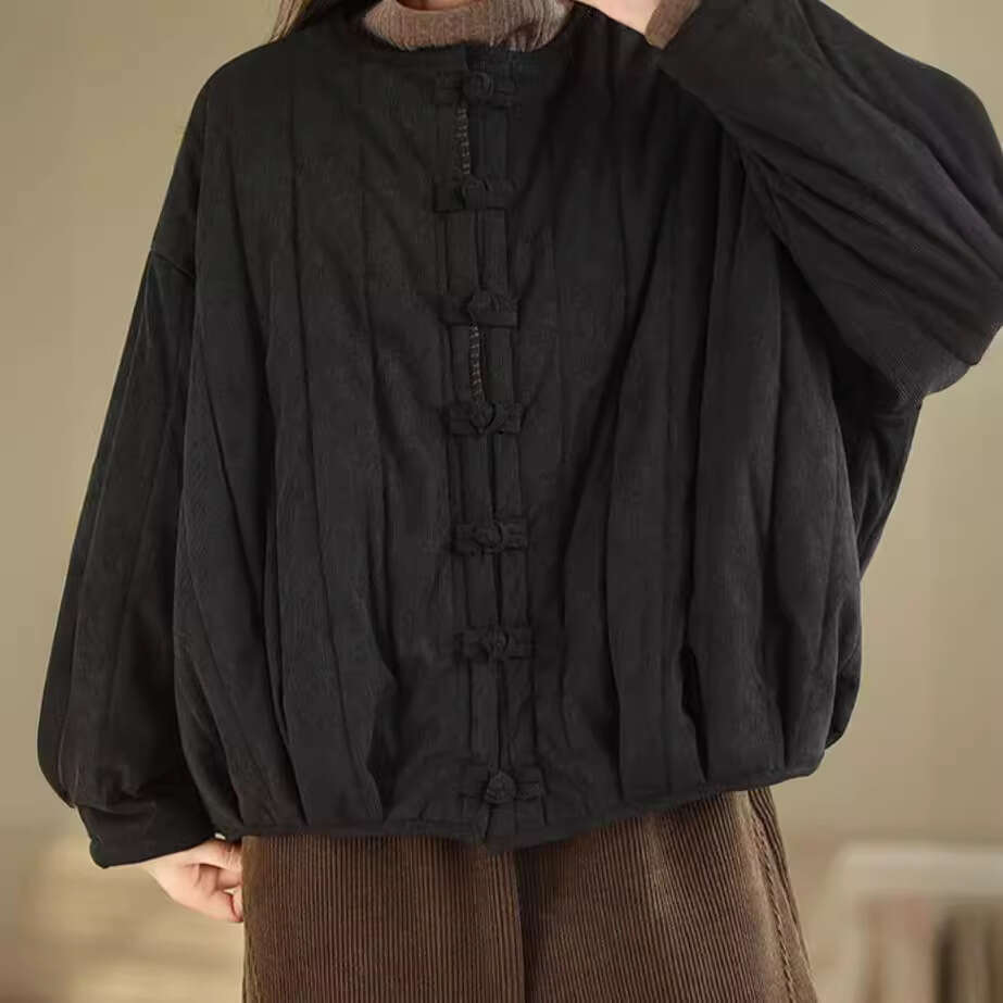 Plus Size Artistic Loose Corduroy Quilted Jacket For Autumn And Winter New Chinese Style Button Warm Cotton Coat B5