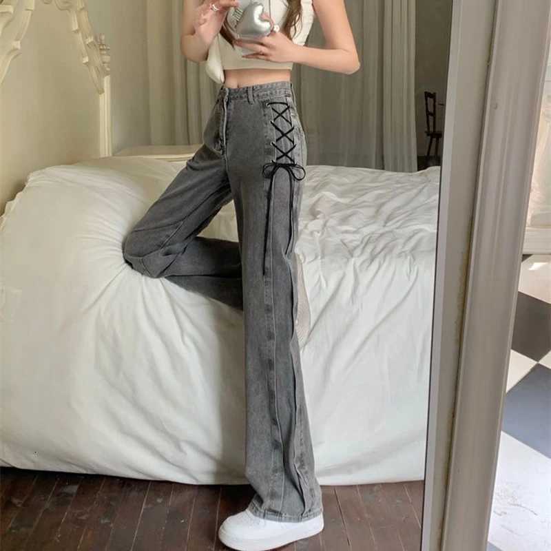 Vintage Lace Up Jeans Women Korean Chic Y2K Straight Denim Pants Autumn Streetwear High Waist Female Wide Leg Trousers NewT251013
