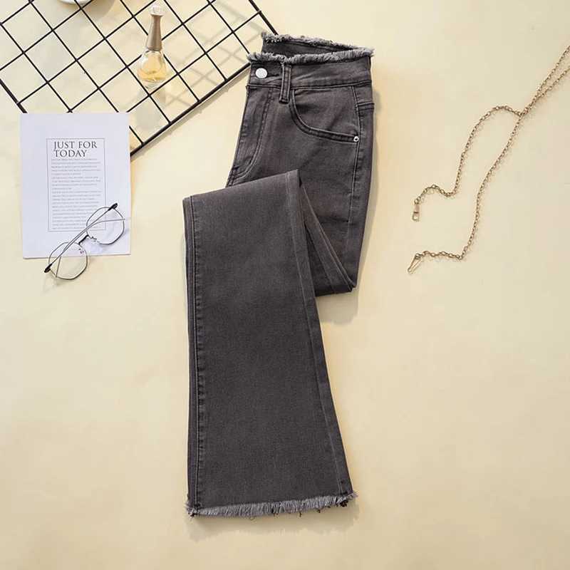 Spring Summer Rough Edge Flare Jeans Women High Waist Casual Skinny Anklelength Denim Pants New Big Size 4xl Stretch VaquerosT251013