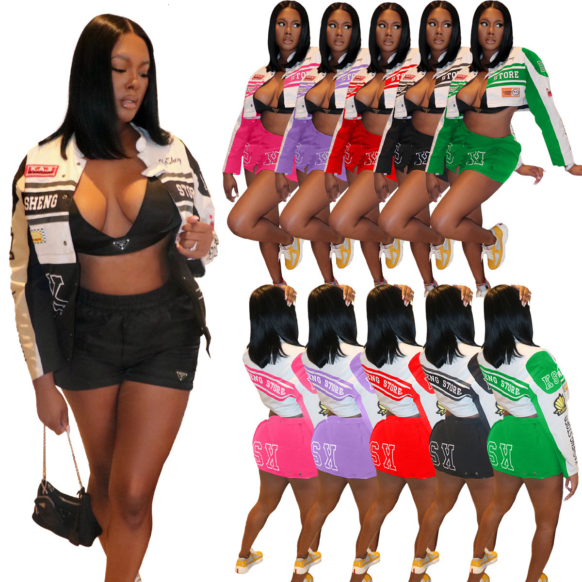 Y2612 2024 Autumn Winter Detachable Motorcycle Baseball Jacket Short Coat Racing Hot Girl TwoPiece Skirt Set 250303