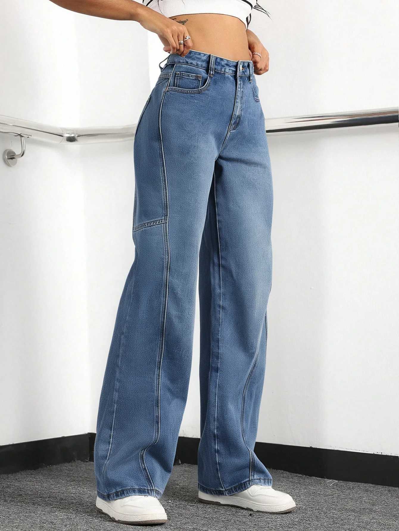 Womens High Waisted Wide Leg Cargo Jeans Baggy Denim Workwear PantsT251013
