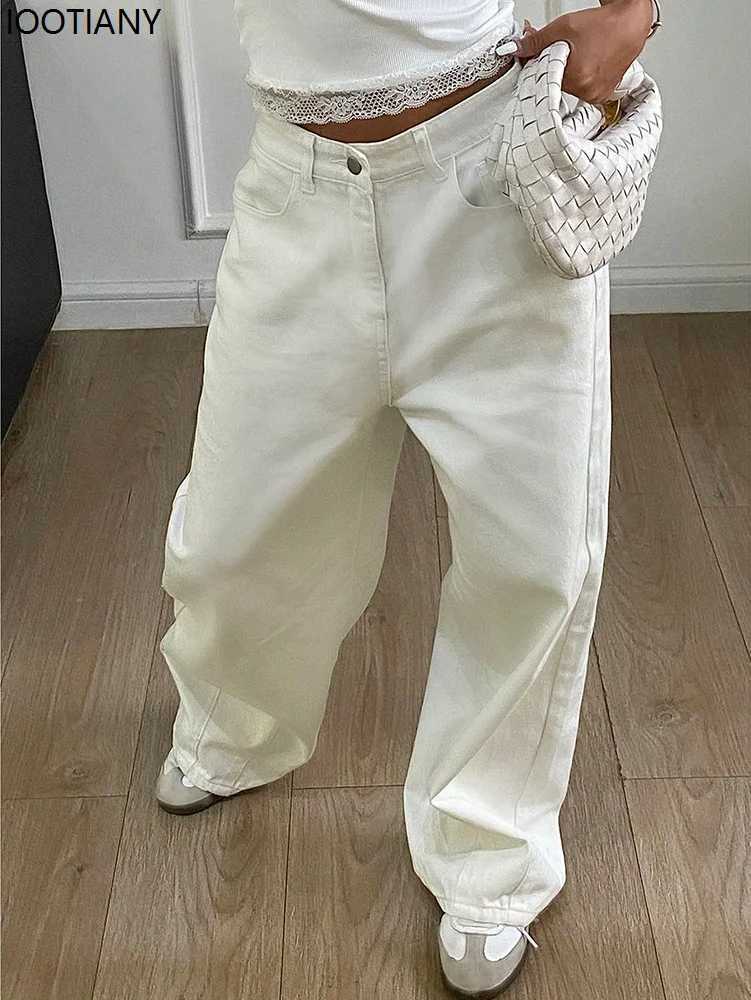 2025 Loose Jeans Fashion Women High Waist Pocket White Solid Color Retro Wide Leg Jeans Casual Office Ladies Commuter TrousersT251013