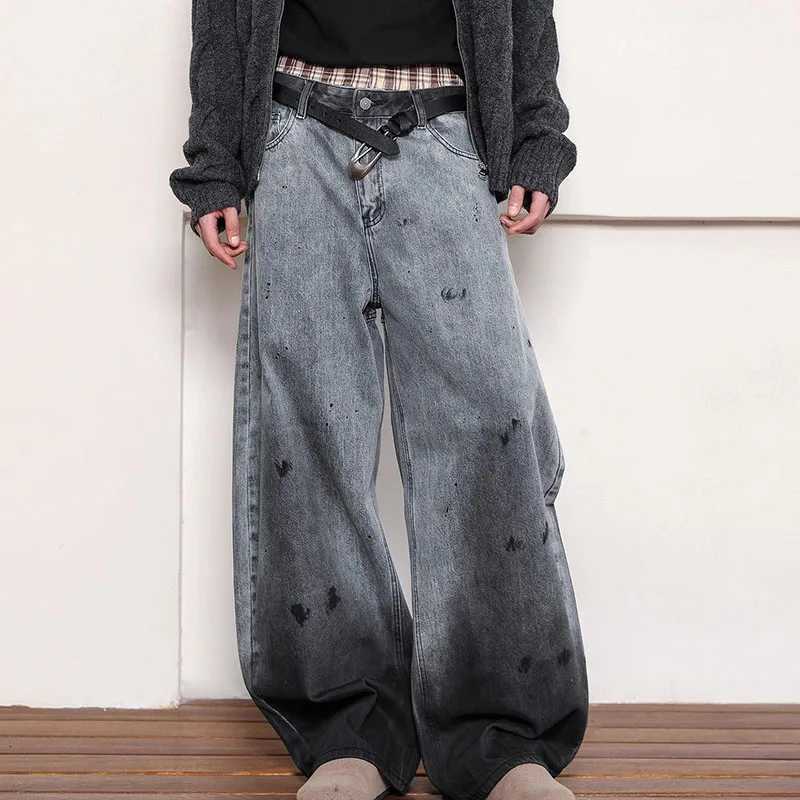Autumn Korean Retro Splashed Ink Graffiti Denim Curved Knife Pants Baggy Jeans Y2k Fashion Women Pants Casual Straight Leg PantT251013