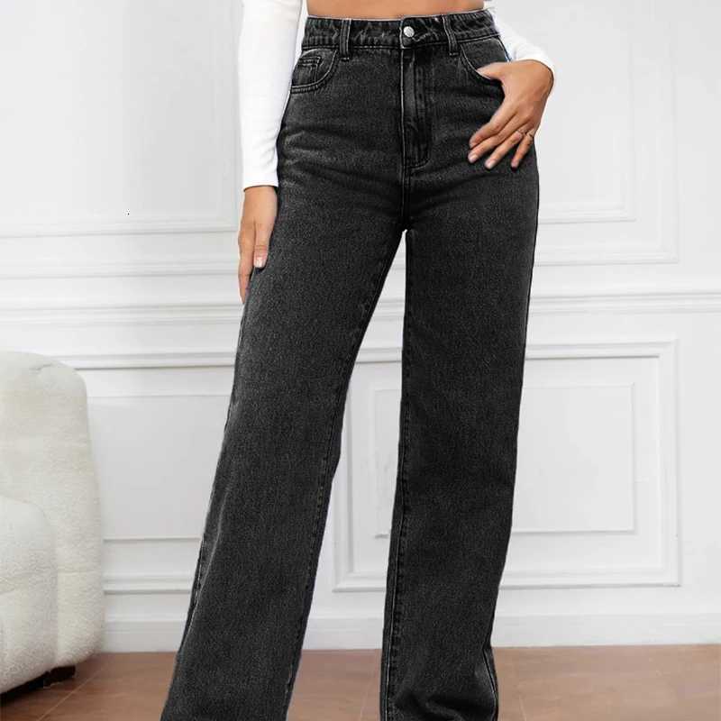 Women Simple Versatile Straight Jeans 2025 New Casual Loose High Waist Washed Denim Street Fashion Button Pocket Long PantsT251013