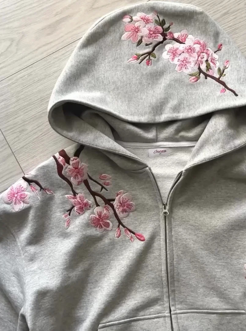 Y2K Vintage Oversized Cherry Blossom Embroidered Hooded Jacket Mens Womens Pink Zipper Coat Harajuku Hip Hop Graphic Streetwear 251013