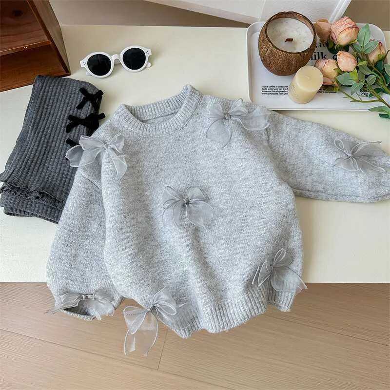 Korean Girls Solid Color Sweaters Cute Bow Children Clothing Autumn Winter Baby Kids Sweet Princess Knitted Sweater 110Y C251013