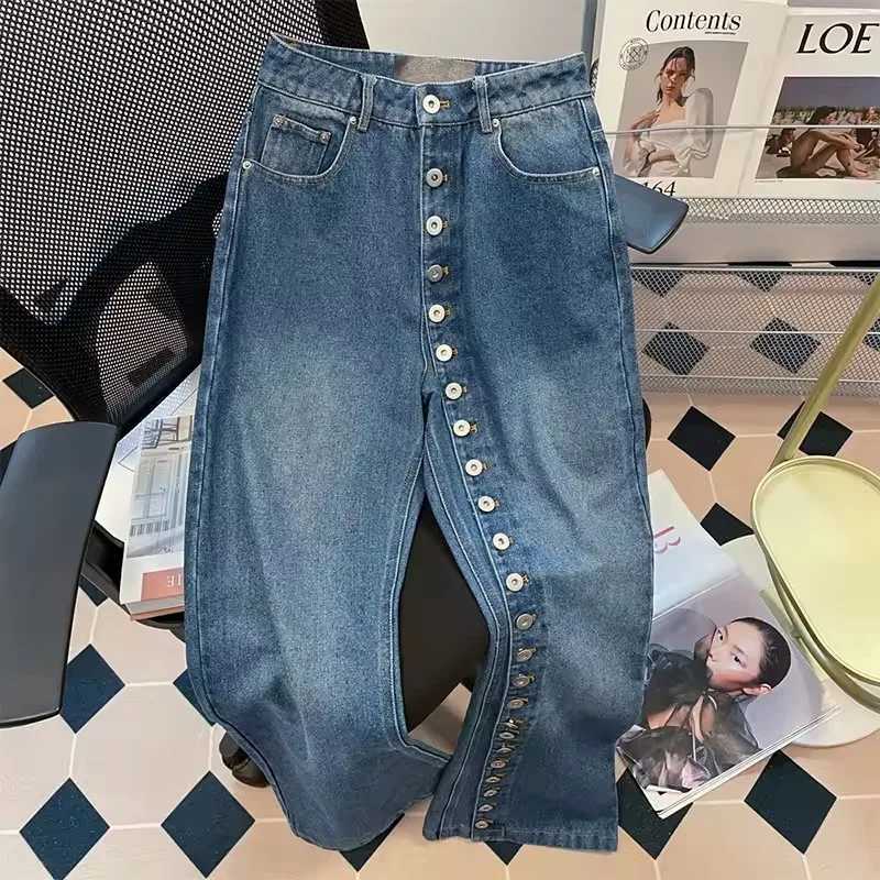Retro Blue Straight Loose Jeans 2025 New Spring Autumn Multi Buttons Design Slim Wide Leg Denim Pants Female Trousers StreetwearT251013