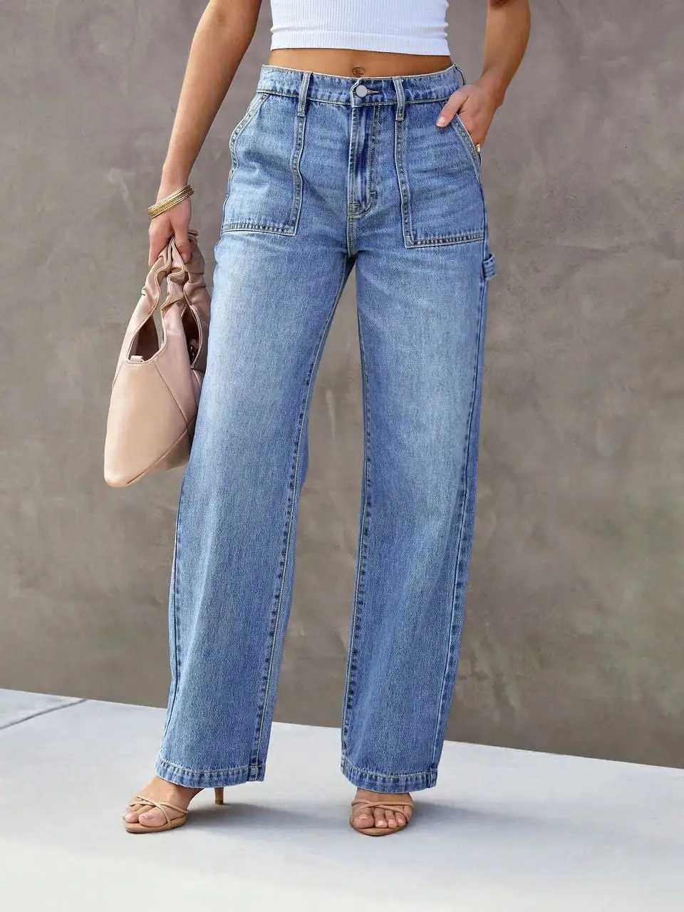 Womens Light Blue Wide Leg StraightLeg Jeans Stylish and Comfortable Denim Pants for Effortless FashionT251013