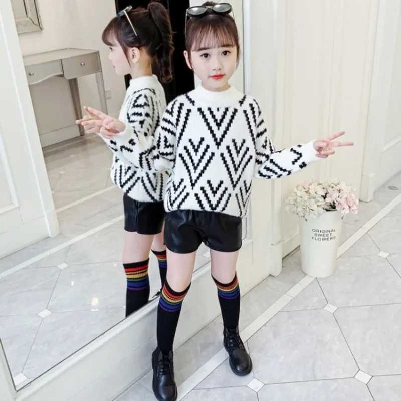2025 New AutumnWinter Stylish Girls Mink Fur Sweater FleeceLined Thickened Knit Base Layer for Children Crewneck Top C251013