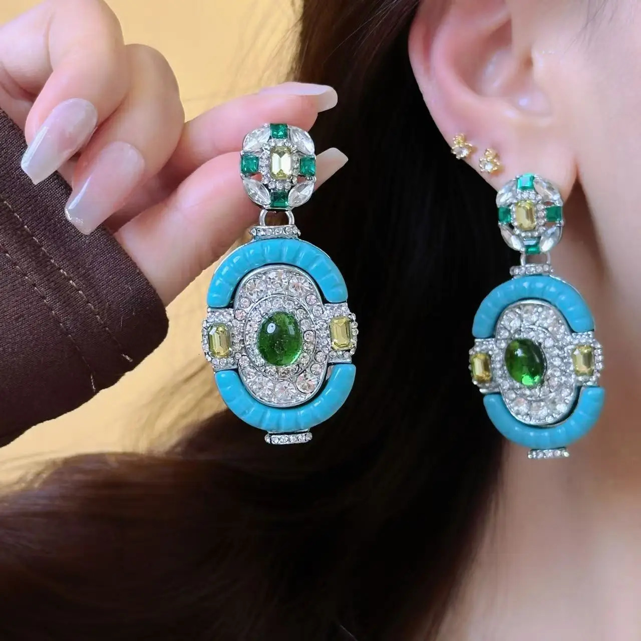 Vintage Turquoise Emerald Silver Drop Dangle Earring Victorian Era Full Diamond Gemstone Blue Ear Stud Chunky Statement Jewelry 251011 - view 3