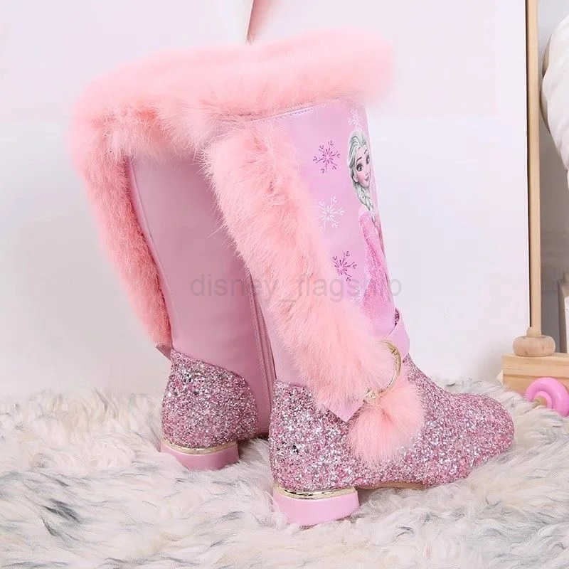 Disney Girls High Heel Boots Winter Childrens High Sleeve Plush Snow Warm Boots Princess Elsa Long Pink Blue Boots Size 2637XJ251013