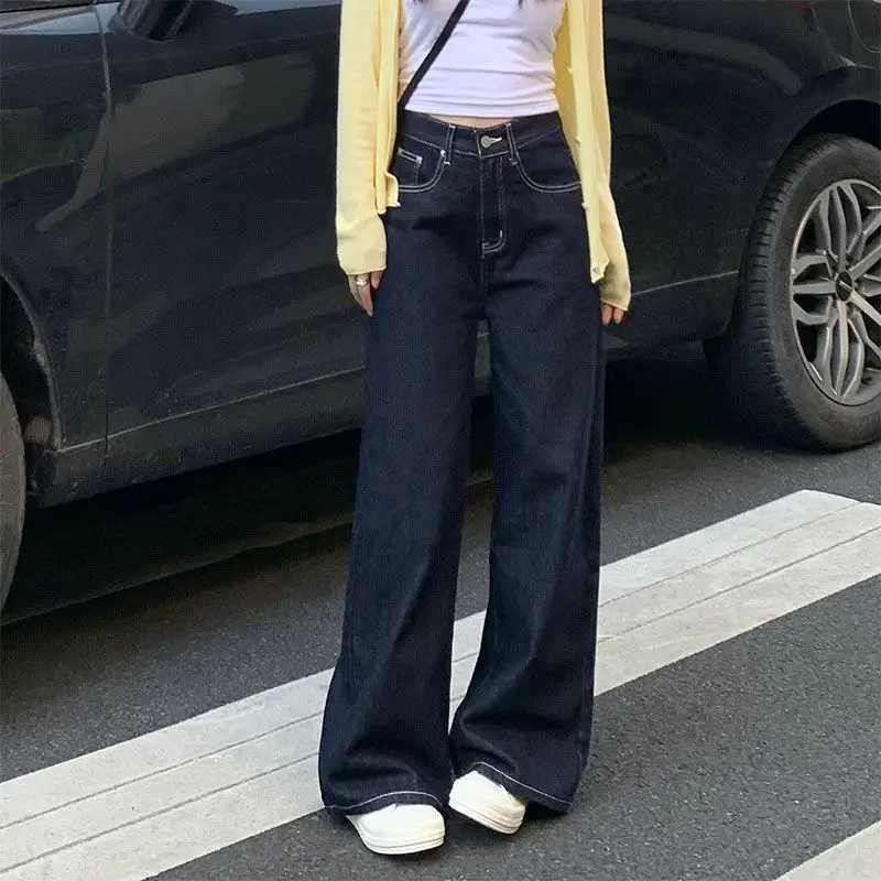 Womens Y2K Dark Blue Wide Leg Washed Jeans Korean Fashion High Waisted Straight Denim Floor PantsT251013