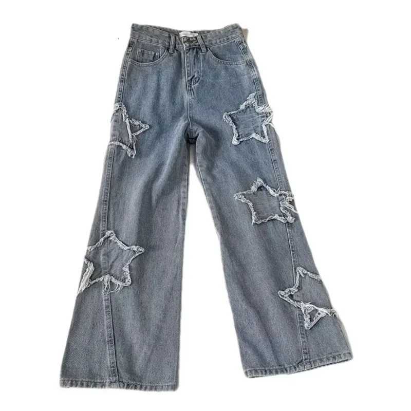 Womens Star Embroidered Denim Jeans High Waist Straight Leg Comfort Fit Korean Inspired Spring Autumn PantsT251013