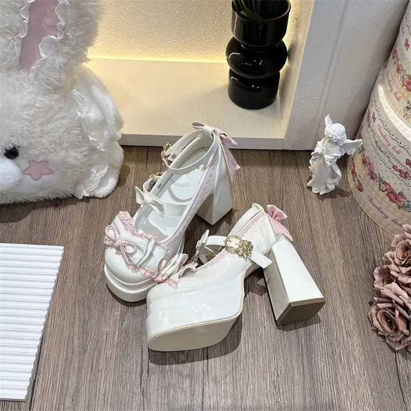 Lovely Girls Lolita Bowknots Platform Block Heels Shoes Platform Female Students Sweet Highheeled Delicate Elevator Mary Janes 251010
