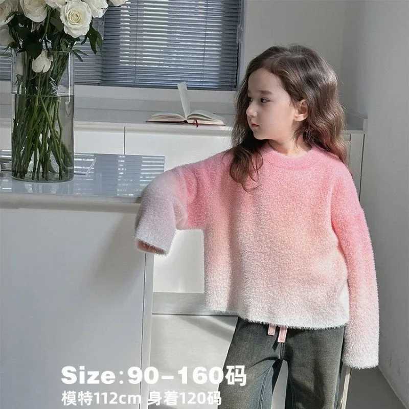 2025 Winter Plus Size Stylish Girls Kids Peach Pink Gradient Oversized Faux Mink Fur Soft Knit Trendy Sweater C251013