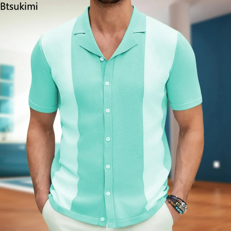 2025 Mens Striped Patchwork Knitwear Summer Men Half Zip Knit Pullovers Tshirt Man Business Casual Short Sleeve Polo Shirt 251011