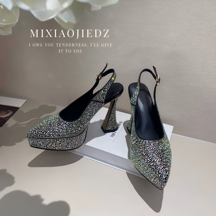 Women's Fashion Rhinestone - Embellished High - Heel Pumps - Pointed - Toe Slingback Platform Party Shoes-998