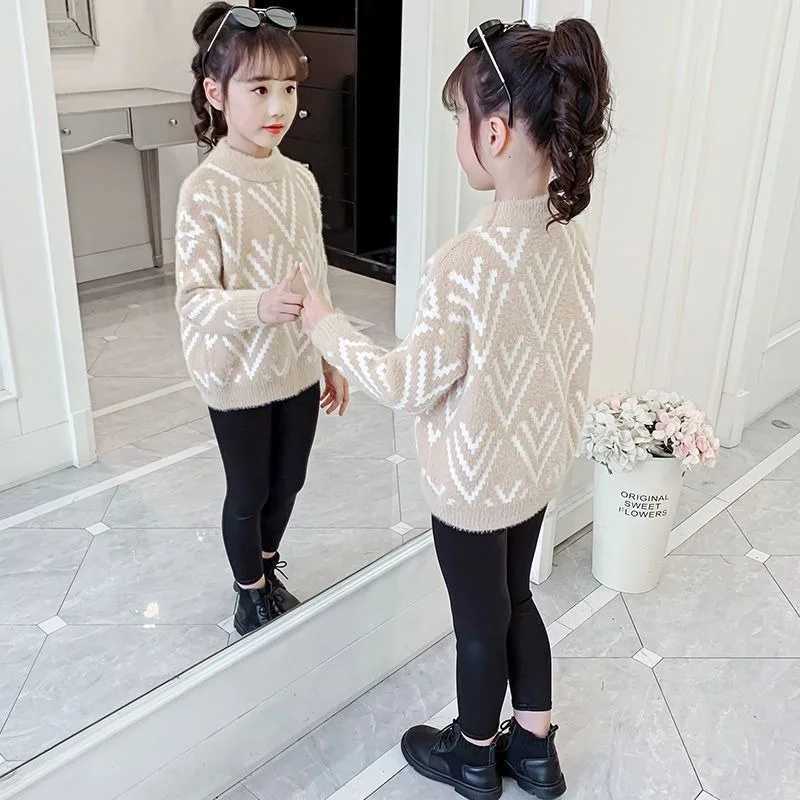 2025 New AutumnWinter Stylish Girls Mink Fur Sweater FleeceLined Thickened Knit Base Layer for Children Crewneck Top C251013