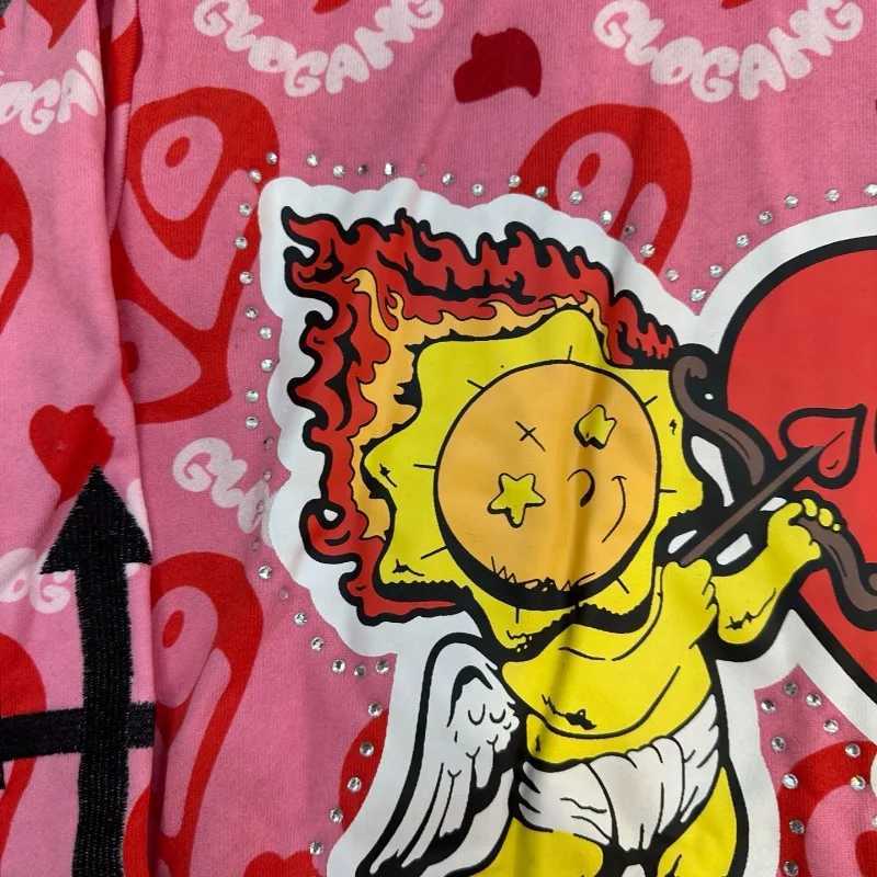 Glo Gang Zip Hoodie Unisex Rhinone Embellished Cartoon Print Pink Streetwear Cozy Hooded Sweatshirt W251013