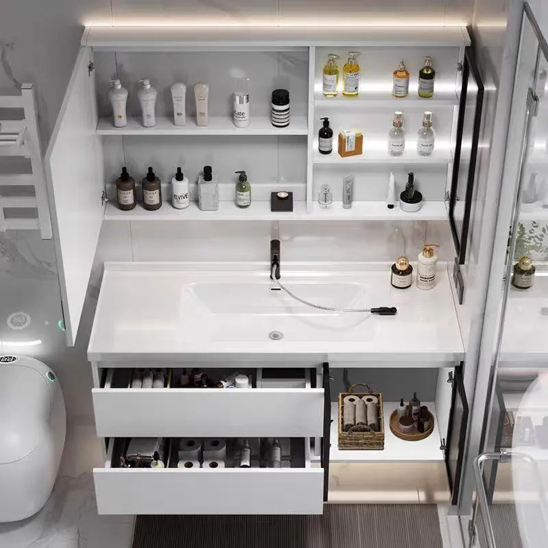 Modern minimalist bathroom cabinet with intelligent toilet ceramic integrated basin washbasin vanity set for face washing and hand washing.