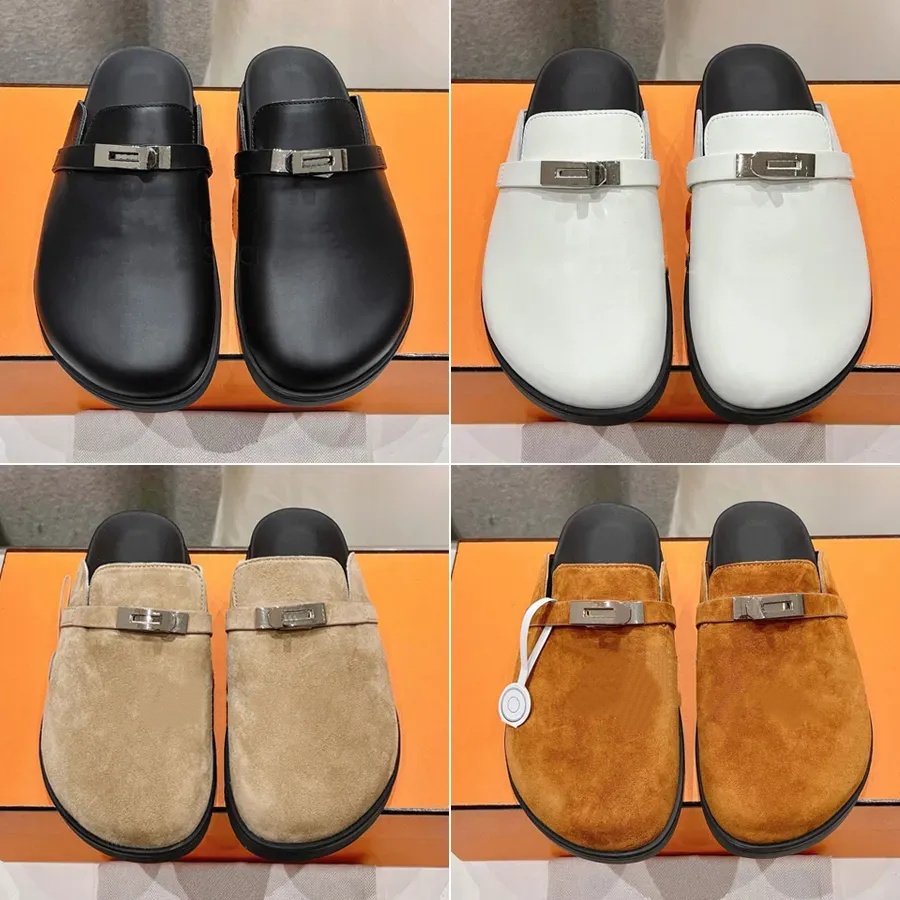 Top quality Key Sier buckle Suede Unisex Slippers colg sandals men Mules Flat Real leather Scuffs Designer slides for womens man Vacation shoes
