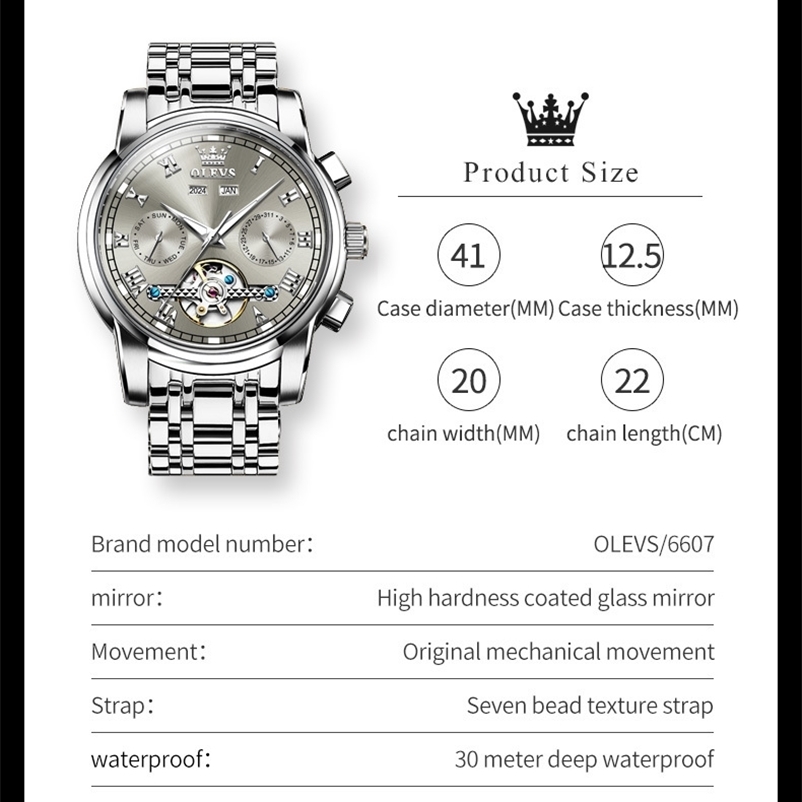 OLEVS Mens Watches Automatic Mechanical Business Wristwatch Waterproof Stainless Steel Man Skeleton Calendar 251011