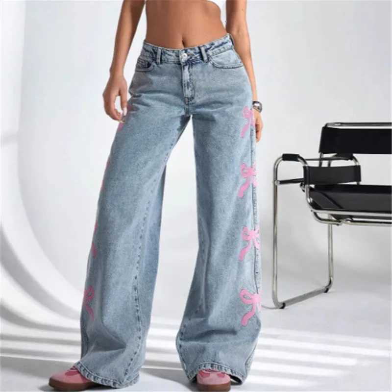 Women Jeans Wide Leg Pants Bow Washed High Waist 2025 Streetwear Denims Distressed Vintage Straight Ankle Length TrousersT251013