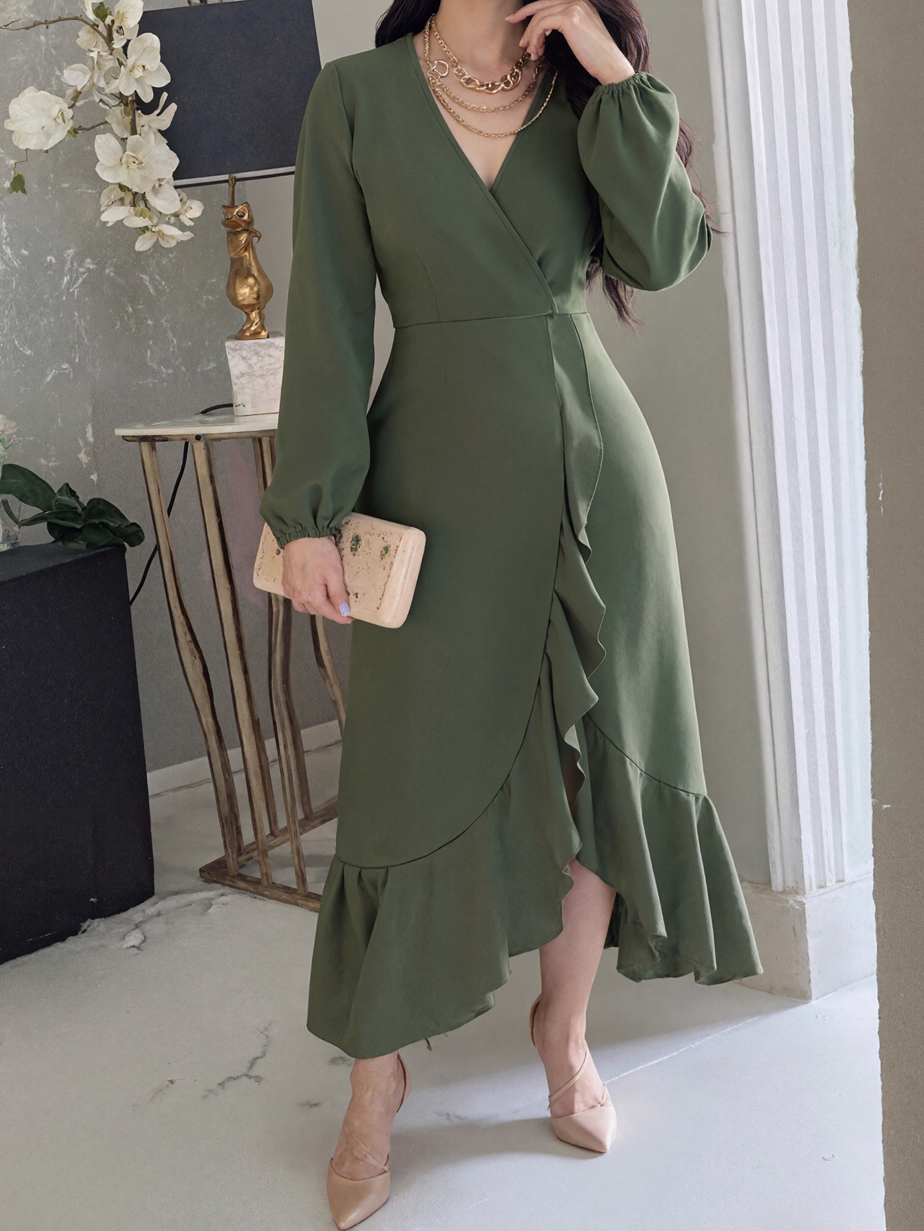 Women's Autumn Winter French - Style Elegant V - Neck Midi Dress - Versatile Minimalist Leaf - Print Slimming Dress-CF55116