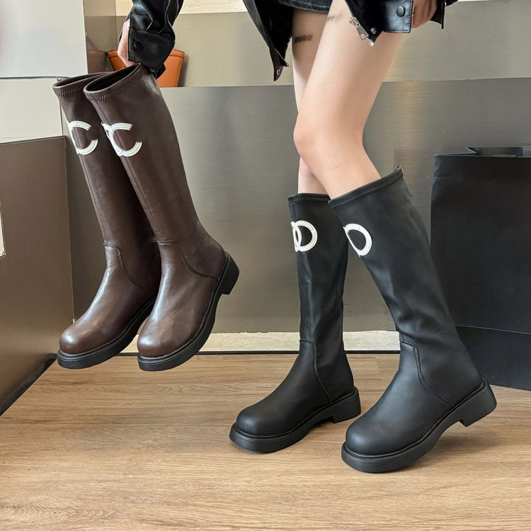 Spring/Summer 2025 New Trendy Petite Flapper-style High Boot Women's British Style Long Boot Rider Boot Solid Color Fashion Boot chanuel