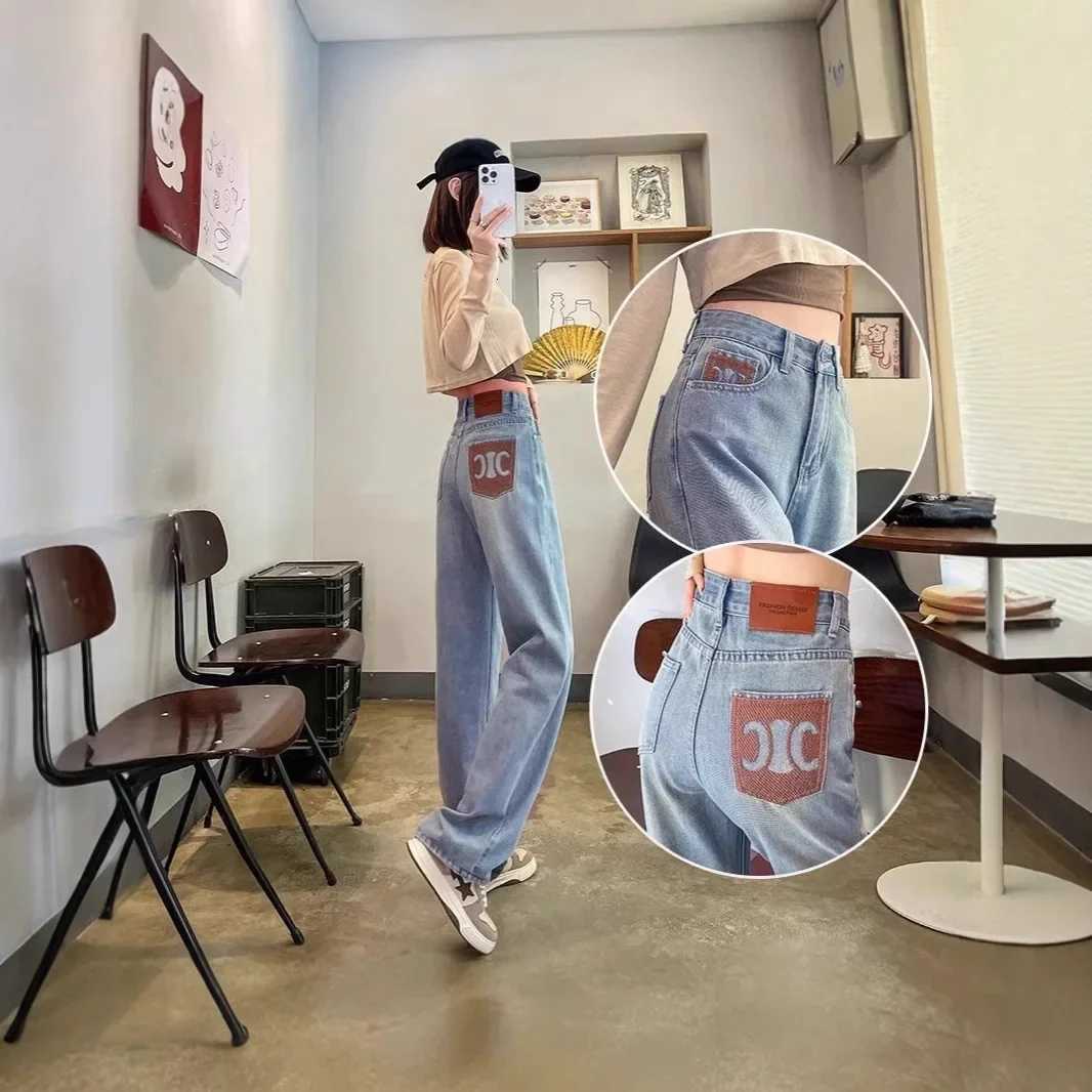 Spring 2025 High Waist Straight Leg Jeans Women Slimming Pockets Embroidered Light Blue Smoke Tube Long PantsT251013