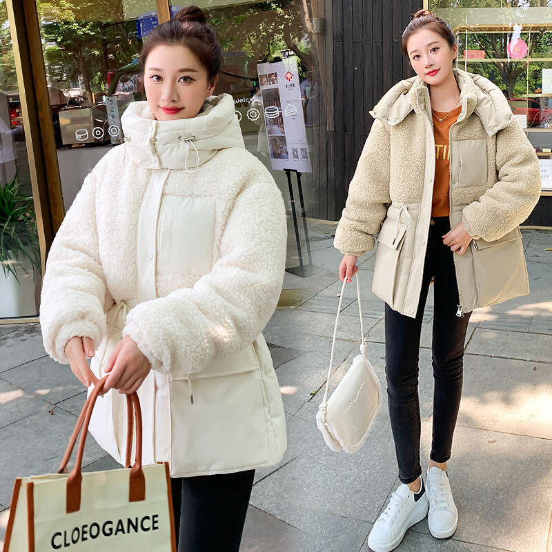 New Korean Fashion Autumn Winter Jacket Patchwork Lamb Wool Thick Loose Cotton Coat For Women B5