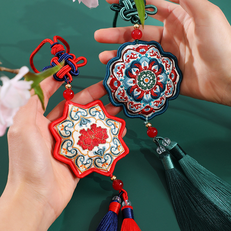 Scented Embroidered Pendants Set: Two Pack of Decorative Charms Ideal for Cars, Bags, Festive Gifting