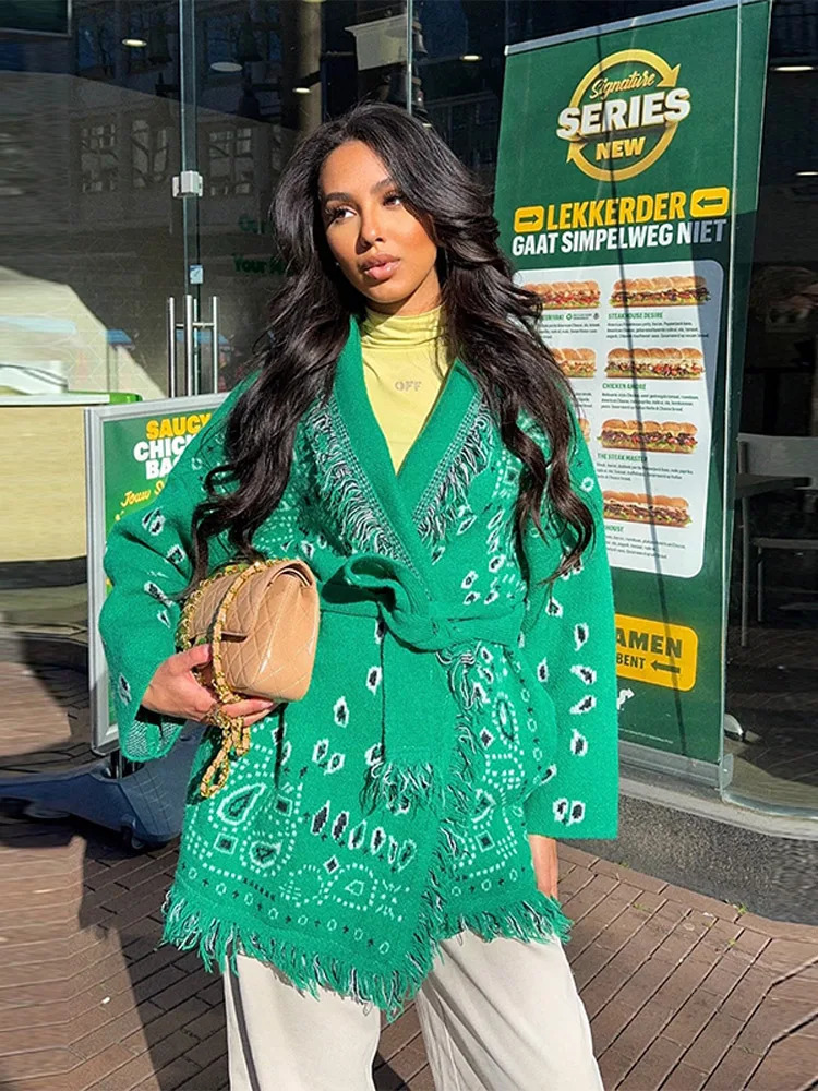 Print Fringed Hem Belted Cardigan Long Sleeve Loose KimonoStyle 2025 Autumn Casual Women Outerwear Holiday Trendy Lady Wrap 251011