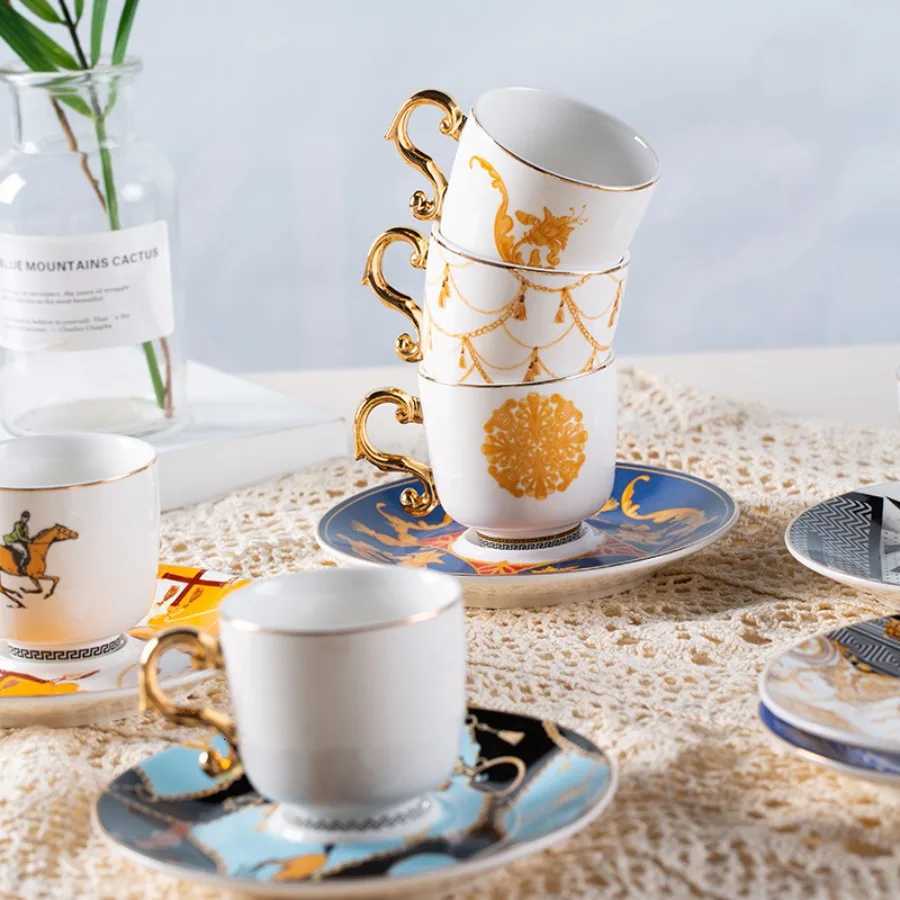 Vintage Luxury Bone Coffee Cup and Saucer Set of 6 with Gift Box European Porcelain Cups Ceramics Wedding Gifts He Decor H251013