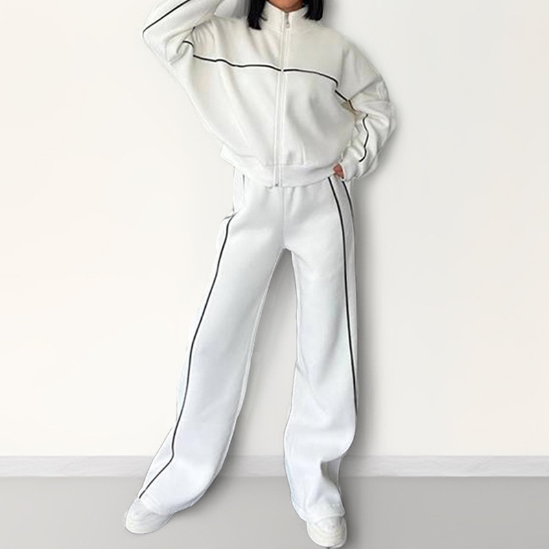 Women's Two Piece Pants Sport Stripe Sweatshirt Set Women Stand Collar Long Sleeve Elastic Waist Pant Sets Female 2025 Autumn Winter