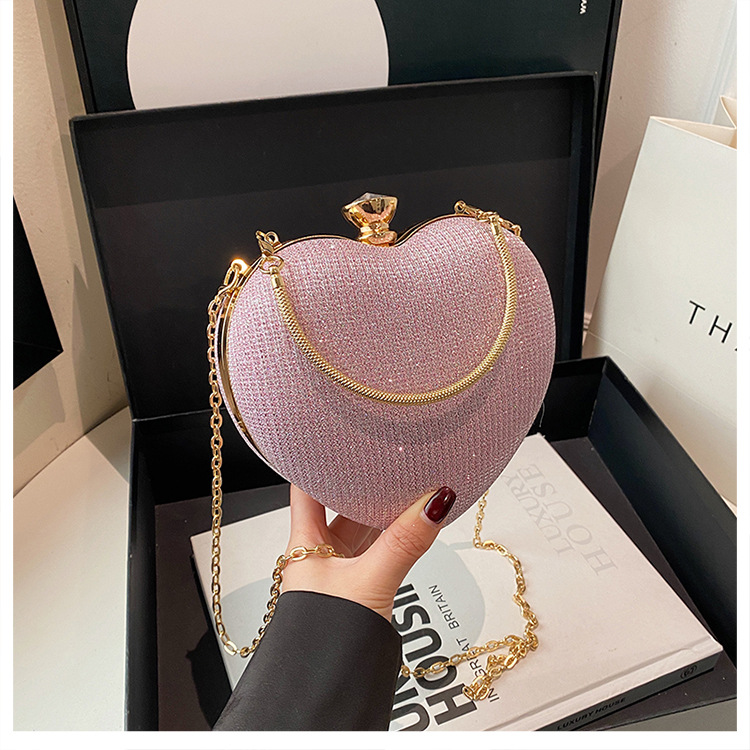 High-end Textured Versatile Chain Handbag for Weddings & Evening Parties Women's Cute Heart-shaped Mini Clutch with Rhinestones (Top-handle, Shou