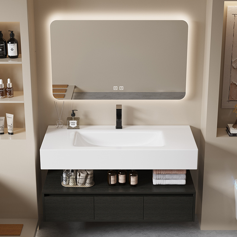 Bathroom Cabinet with Rock Slab Curved Integrated Basin, Multi-layer Solid Wood Wash Basin Set for Home Use