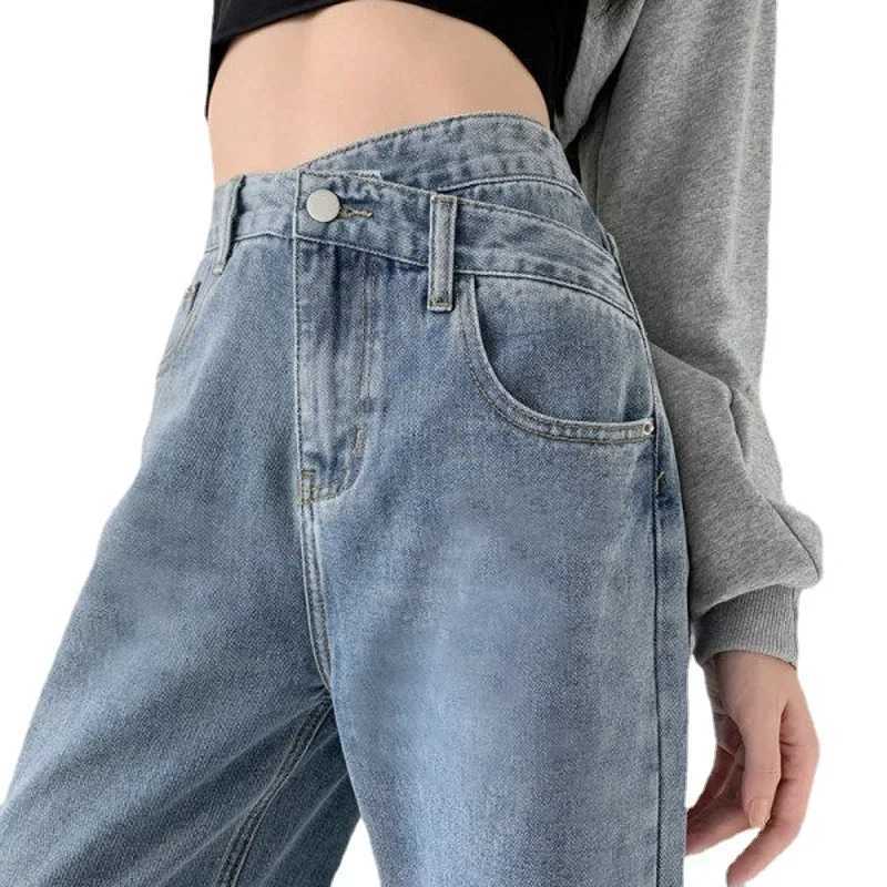 High Waist Straight Leg Jeans Womens Thin Design Asymmetrical Slant Button Slimming Wide Leg FloorLength PantsT251013