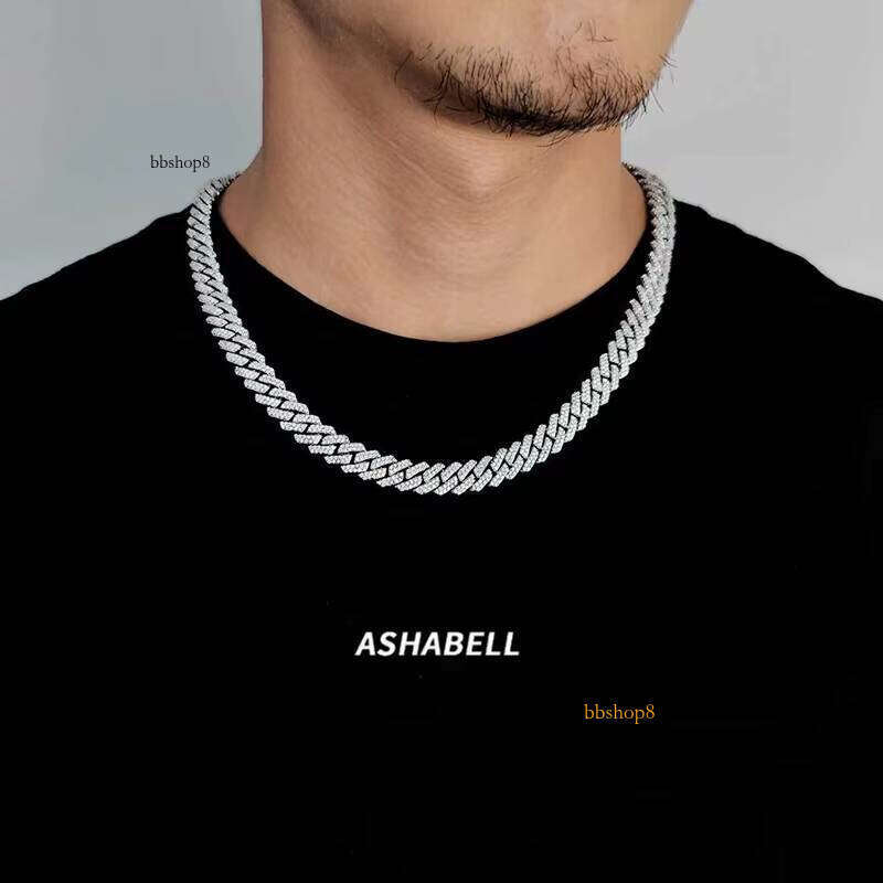 New Popular 8mm-18mm Hip-hop Sier Moissanite Rhombus Cuban Chain Men's Necklace Hiphop Sample Making