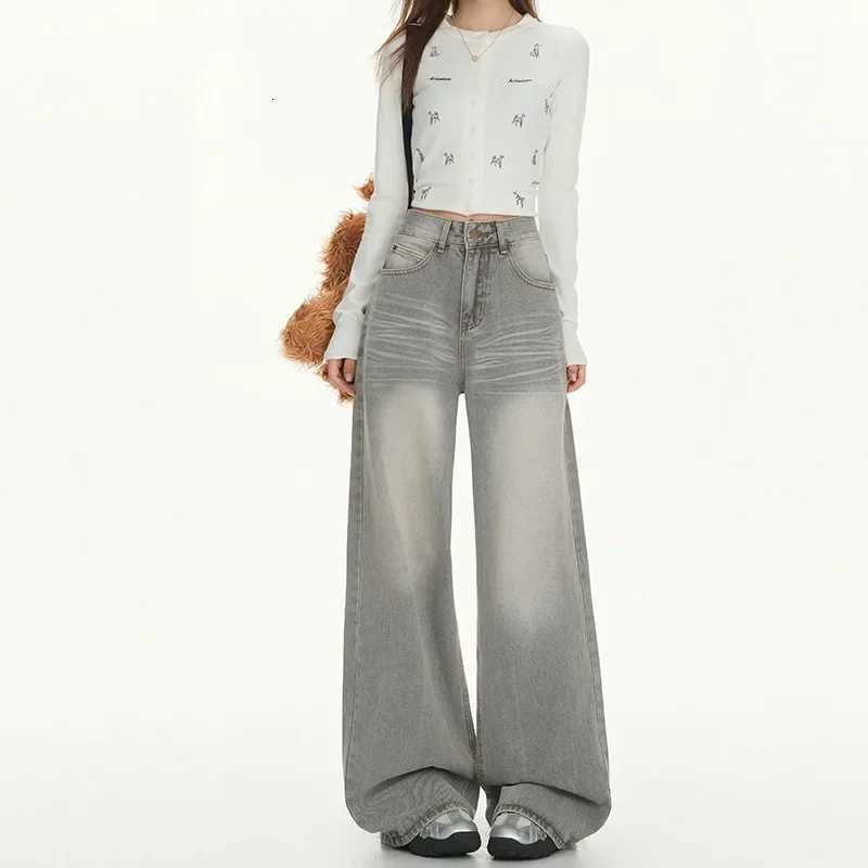 Gray American High Street Wide Leg Jeans Women Loose Drapey Slim Straight FloorLength Pants High Waist Button DecorationT251013