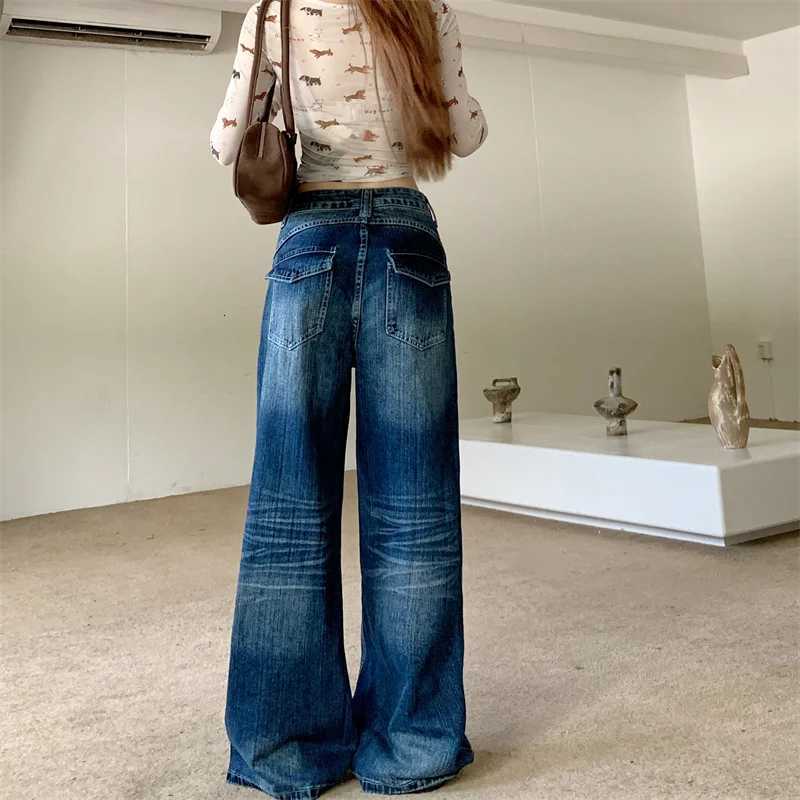 2025 Autumn Womens Y2K Jeans Dongdaemun Navy Back Whisker Jeans Loose Straight Leg Casual Denim Pants 2742T251013