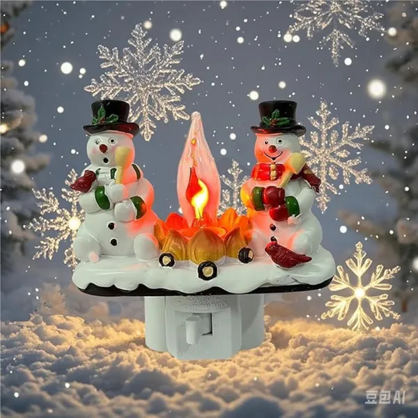 Plug-In Resin 3D Flameless Candle Night Light - Snowman Flameless Campfire Night Light Perfect For Christmas Decoration And Bedroom Atmosphere