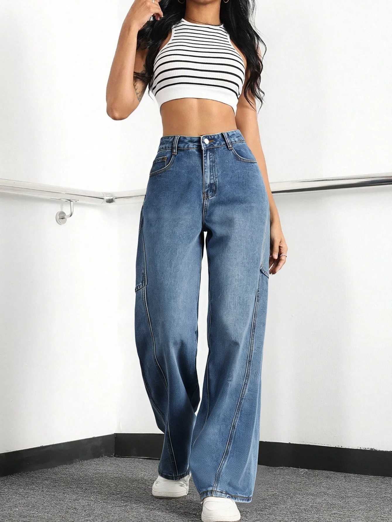 Womens High Waisted Wide Leg Cargo Jeans Baggy Denim Workwear PantsT251013